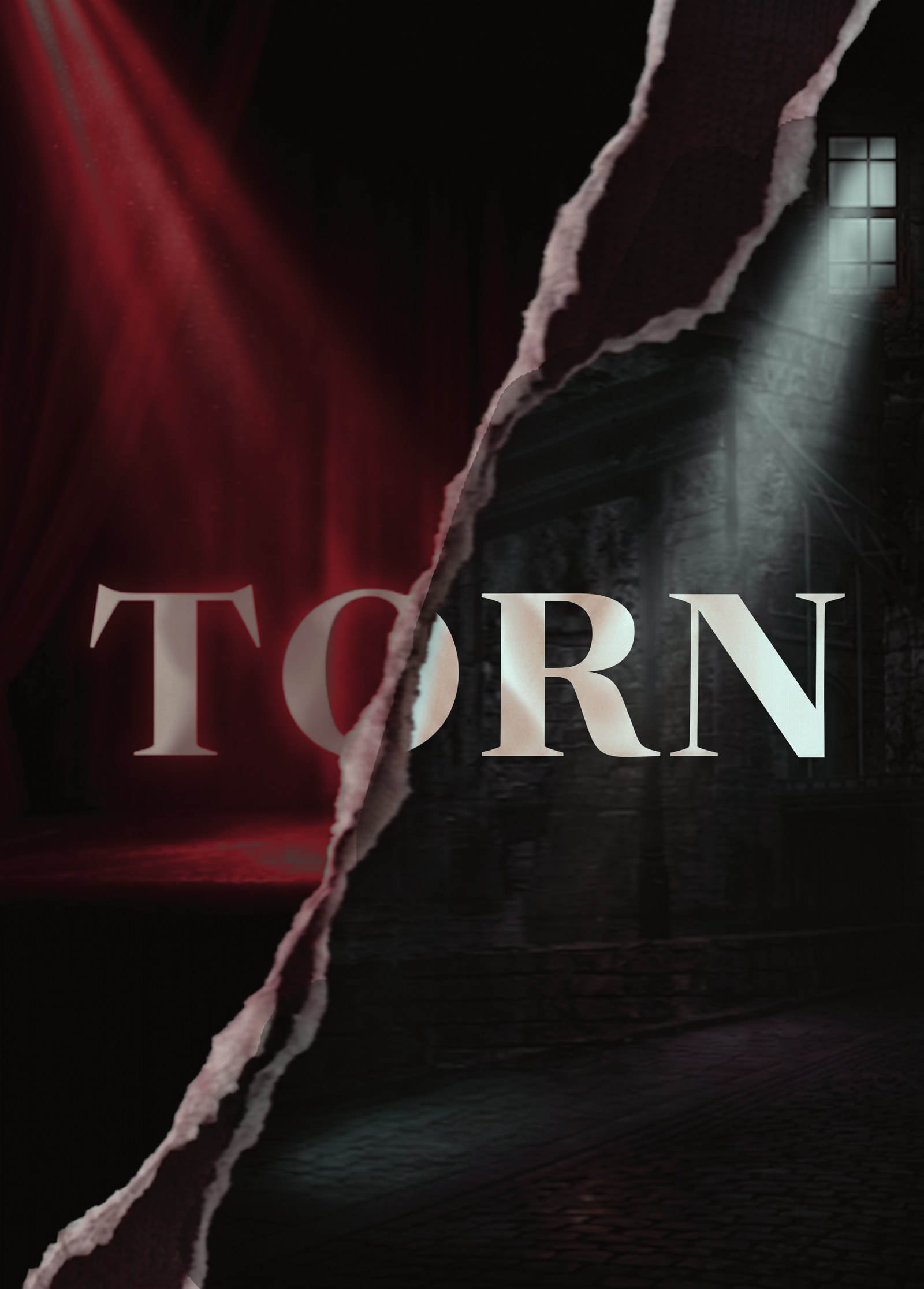 Torn the Musical key art: a red-lit theatre curtain torn away from a cold lamplit street, with the word TORN spanning the tear.